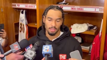 Emeka Egbuka reacts to his rough drop in the Buccaneers’ loss to the Saints. 
