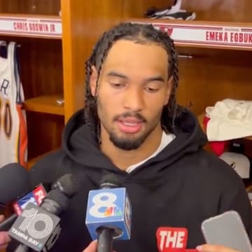 Emeka Egbuka reacts to his rough drop in the Buccaneers’ loss to the Saints. 