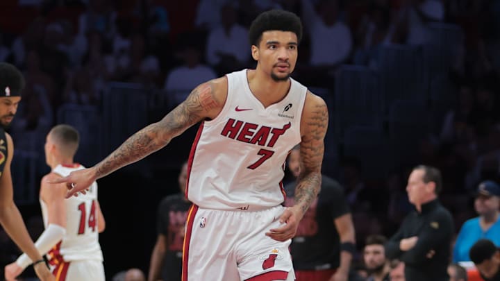 Miami Heat center Kel'el Ware (7) signals after scoring (Mandatory Credit: Sam Navarro-Imagn Images)