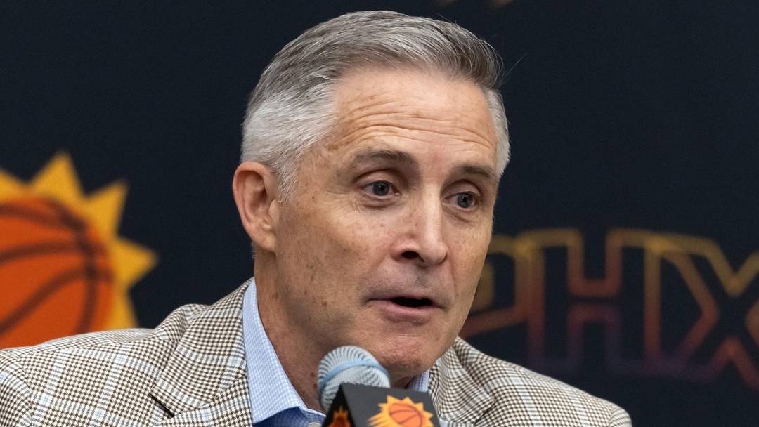 Jun 10, 2025; Scottsdale, AZ, USA; Phoenix Suns general manager Brian Gregory during an introductory press conference at the Verizon 5g Performance Center. Mandatory Credit: Mark J. Rebilas-Imagn Images