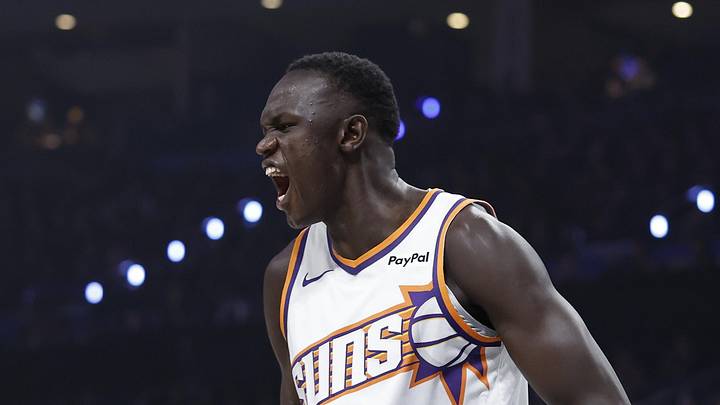 Apr 22, 2026; Oklahoma City, Oklahoma, USA; Phoenix Suns center Khaman Maluach (10) screams after dunking against the Oklahoma City Thunder in the first half during game two of the first round of the 2026 NBA Playoffs at Paycom Center. Mandatory Credit: Alonzo Adams-Imagn Images