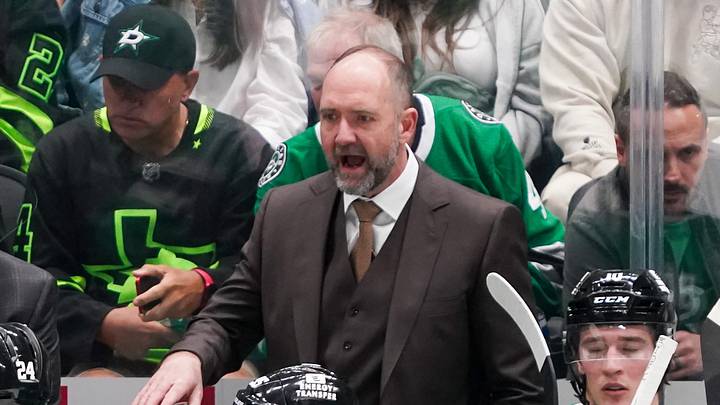 Apr 19, 2025; Dallas, Texas, USA; Dallas Stars head coach Peter DeBoer talks with his team during the third period in game one of the first round of the 2025 Stanley Cup Playoffs against the Colorado Avalanche at American Airlines Center. Mandatory Credit: Raymond Carlin III-Imagn Images