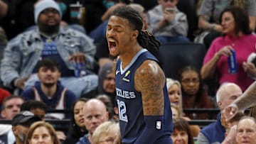 Nov 3, 2025; Memphis, Tennessee, USA; Memphis Grizzlies guard Ja Morant (12) reacts during the second quarter against the Detroit Pistons at FedExForum. Mandatory Credit: Petre Thomas-Imagn Images