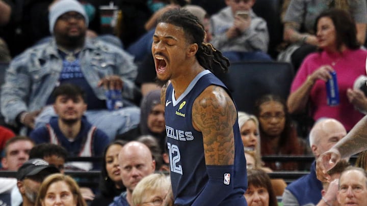 Nov 3, 2025; Memphis, Tennessee, USA; Memphis Grizzlies guard Ja Morant (12) reacts during the second quarter against the Detroit Pistons at FedExForum. Mandatory Credit: Petre Thomas-Imagn Images