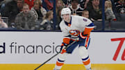 Apr 17, 2025; Columbus, Ohio, USA; New York Islanders defenseman Noah Dobson (8) looks to shoot against the New York Islanders during the first period at Nationwide Arena. Mandatory Credit: Russell LaBounty-Imagn Images