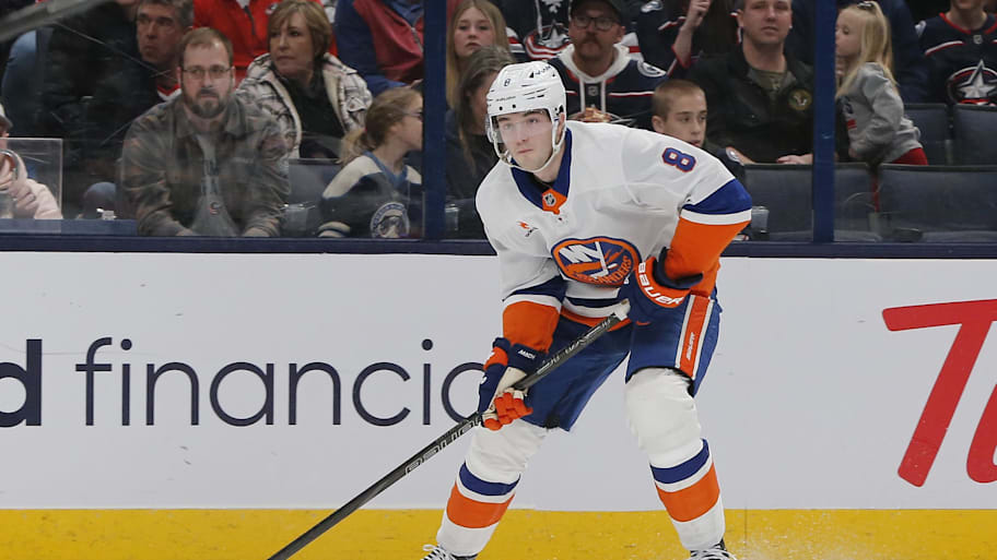 Noah Dobson looks to shoot against the Blue Jackets. | Russell LaBounty-Imagn Images