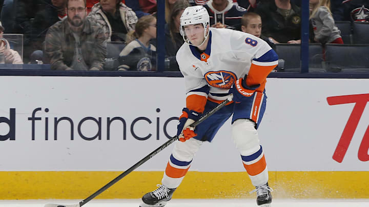 Apr 17, 2025; Columbus, Ohio, USA; New York Islanders defenseman Noah Dobson (8) looks to shoot against the New York Islanders during the first period at Nationwide Arena. Mandatory Credit: Russell LaBounty-Imagn Images