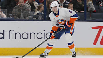 Apr 17, 2025; Columbus, Ohio, USA; New York Islanders defenseman Noah Dobson (8) looks to shoot against the New York Islanders during the first period at Nationwide Arena. Mandatory Credit: Russell LaBounty-Imagn Images