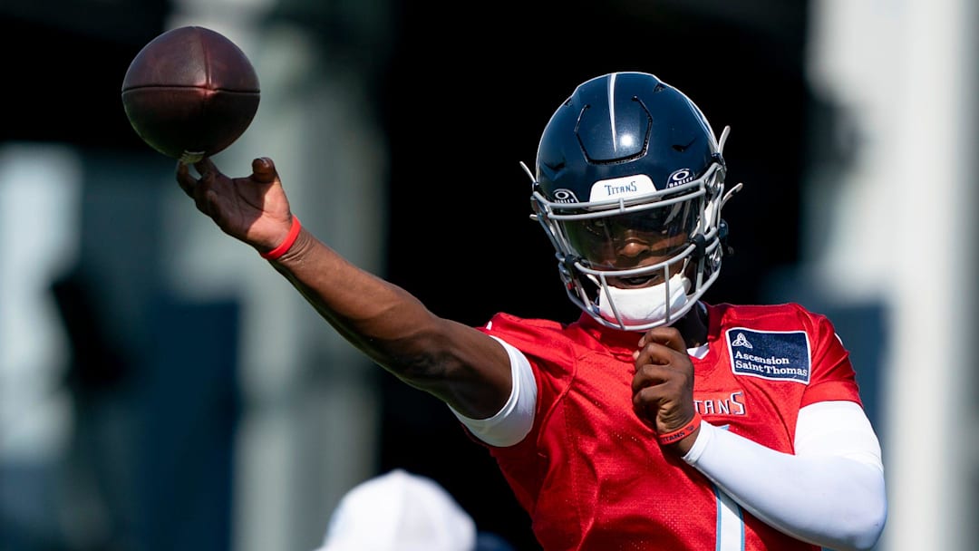Tennessee Titans quarterback Cam Ward (1) throws during the Tennessee Titans first day of training camp at Ascension Saint Thomas Sports Park in Nashville, Tenn., Wednesday, July 23, 2025.