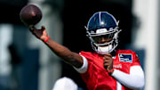 Tennessee Titans quarterback Cam Ward (1) throws during the Tennessee Titans first day of training camp at Ascension Saint Thomas Sports Park in Nashville, Tenn., Wednesday, July 23, 2025.