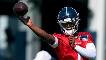 Tennessee Titans quarterback Cam Ward (1) throws during the Tennessee Titans first day of training camp at Ascension Saint Thomas Sports Park in Nashville, Tenn., Wednesday, July 23, 2025.
