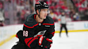 Nov 3, 2024; Raleigh, North Carolina, USA;  Carolina Hurricanes center Martin Necas (88) skates against the Washington Capitals during the second period at Lenovo Center. Mandatory Credit: James Guillory-Imagn Images