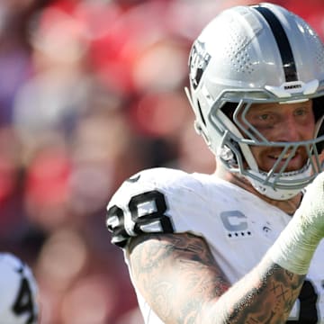 Dec 8, 2024; Tampa, Florida, USA; Las Vegas Raiders defensive end Maxx Crosby (98) celebrates after a sack against the Tampa Bay Buccaneers in the second quarter at Raymond James Stadium. Mandatory Credit: Nathan Ray Seebeck-Imagn Images