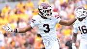 Mississippi State Bulldogs safety Brylan Lanier (3) reacts after a turnover against the Southern Miss Golden Eagles during the fourth quarter at M.M. Roberts Stadium in Hattiesburg, Miss., on Aug. 30, 2025.