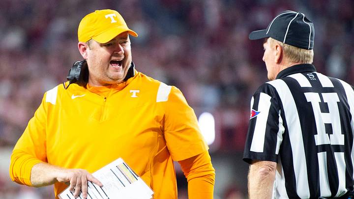 Tennessee Football Coach Josh Heupel yells at an official during a football game between the Tennessee Volunteers and the Alabama Crimson Tide at Bryant-Denny Stadium in Tuscaloosa, Ala., on Saturday, Oct. 23, 2021.

Kns Tennessee Alabama Football Bp