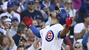 Sep 23, 2023; Chicago, Illinois, USA; Chicago Cubs second baseman Christopher Morel (5) reacts after