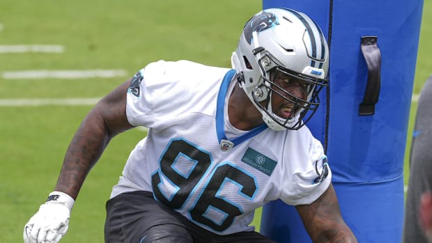 Carolina Panthers defensive tackle Jaden Crumedy (96) runs an agility drill during OTAs.