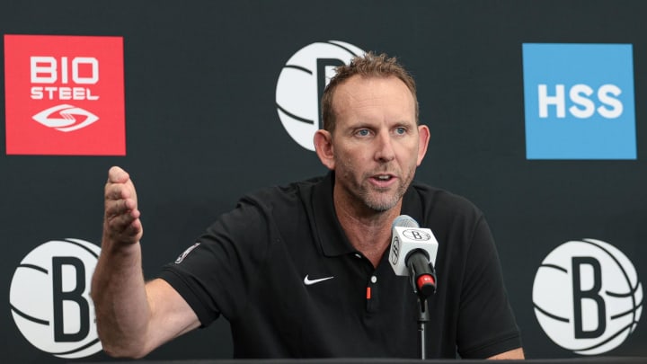 Sep 26, 2022; Brooklyn, NY, USA; Brooklyn Nets general manager Sean Marks talks to the media during media day at HSS Training Center. Mandatory Credit: Vincent Carchietta-USA TODAY Sports