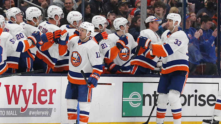 Mar 29, 2022; Columbus, Ohio, USA; New York Islanders left wing Zach Parise (11) celebrates a goal