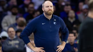 Mar 6, 2024; Philadelphia, Pennsylvania, USA; Memphis Grizzlies head coach Taylor Jenkins looks on during the second quarter against the Philadelphia 76ers at Wells Fargo Center. Mandatory Credit: Bill Streicher-USA TODAY Sports
