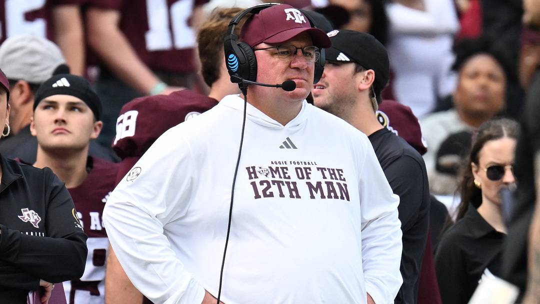 Texas A&M Aggies head coach Mike Elko reacts during the first quarter during the first round of the CFP National Playoff against the Miami Hurricanes at Kyle Field.