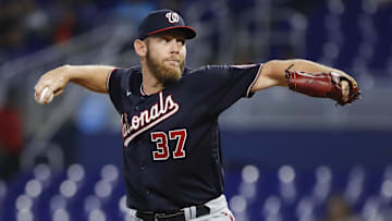 Jun 9, 2022; Miami, Florida, USA; Washington Nationals starting pitcher Stephen Strasburg (37) delivers a pitch during the first inning against the Miami Marlins at loanDepot Park.