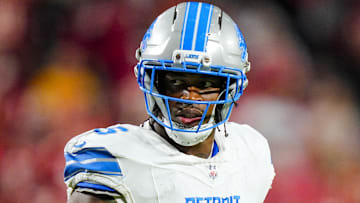 Oct 12, 2025; Kansas City, Missouri, USA; Detroit Lions defensive end Al-Quadin Muhammad (96) reacts during the second half against the Kansas City Chiefs at GEHA Field at Arrowhead Stadium.