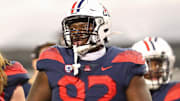 Dec 11, 2020; Tucson, Arizona, USA; Arizona Wildcats defensive tackle Kyon Barrs (92) against the Arizona State Sun Devils during the Territorial Cup at Arizona Stadium. Mandatory Credit: Mark J. Rebilas-Imagn Images