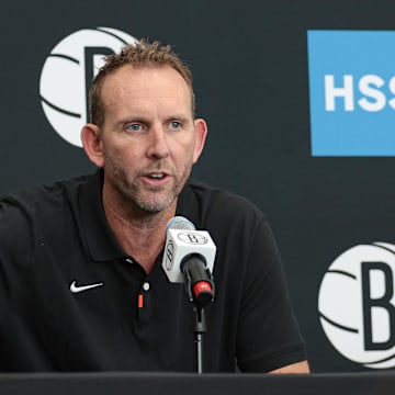 Sep 26, 2022; Brooklyn, NY, USA; Brooklyn Nets general manager Sean Marks talks to the media during media day at HSS Training Center. Mandatory Credit: Vincent Carchietta-Imagn Images