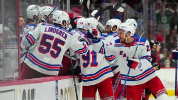 May 16, 2024; Raleigh, North Carolina, USA; New York Rangers defenseman Adam Fox (23) and defenseman