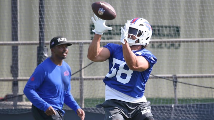 Bills linebacker Matt Milano pulls in a pass during interception drills during the second day of Buffalo Bills training camp at St. John Fisher University Thursday, July 24, 2025 in Pittsford.