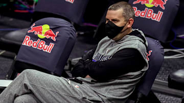 Mar 27, 2021; New Orleans, Louisiana, USA;  Dallas Mavericks assistant coach Mike Weinar looks on during warms up before the game against New Orleans Pelicans at Smoothie King Center. Mandatory Credit: Stephen Lew-Imagn Images