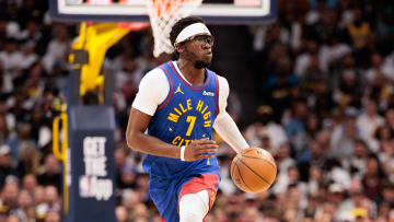 Apr 20, 2024; Denver, Colorado, USA; Denver Nuggets guard Reggie Jackson (7) drives to the basket during the first quarter against the Los Angeles Lakers in game one of the first round for the 2024 NBA playoffs at Ball Arena. Mandatory Credit: Andrew Wevers-USA TODAY Sports