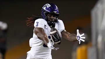 Nov 2, 2024; Waco, Texas, USA;  TCU Horned Frogs wide receiver Savion Williams (3) is unable to catch a pass against the Baylor Bears during the first half at McLane Stadium. Mandatory Credit: Chris Jones-Imagn Images