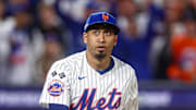 Oct 18, 2024; New York City, New York, USA; New York Mets relief pitcher Edwin Diaz (39) reacts after striking out Los Angeles Dodgers designated hitter Shohei Ohtani, not pictured during the eighth inning during game five of the NLCS for the 2024 MLB playoffs at Citi Field. Mandatory Credit: Vincent Carchietta-Imagn Images