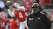 Oct 11, 2025; College Park, Maryland, USA; Maryland Terrapins head coach Mike Locksley stands on the field before the game against the Nebraska Cornhuskers  at SECU Stadium. Mandatory Credit: Tommy Gilligan-Imagn Images