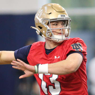 Notre Dame quarterback Riley Leonard (13) at Notre Dame spring football practice Thursday, March 7, 2024, at the Irish Athletics Center in South Bend.