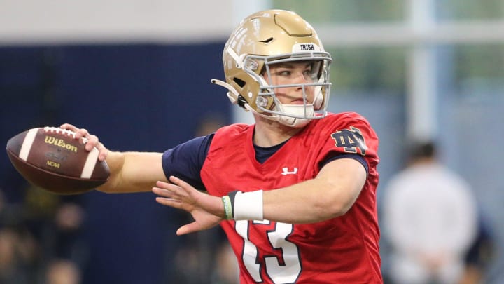 Notre Dame quarterback Riley Leonard (13) at Notre Dame spring football practice Thursday, March 7, 2024, at the Irish Athletics Center in South Bend.