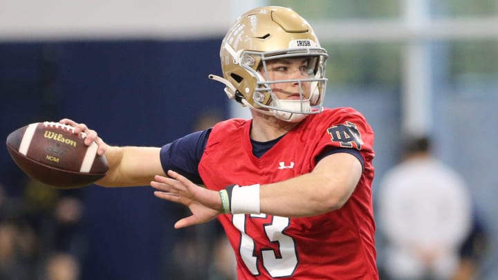 Notre Dame quarterback Riley Leonard (13) at Notre Dame spring football practice Thursday, March 7, 2024, at the Irish Athletics Center in South Bend.