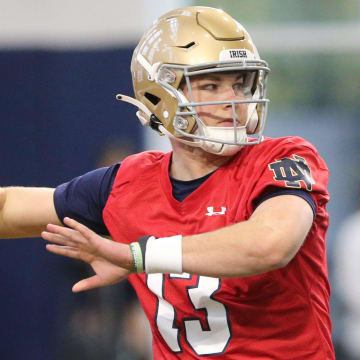 Notre Dame quarterback Riley Leonard (13) at Notre Dame spring football practice Thursday, March 7, 2024, at the Irish Athletics Center in South Bend.