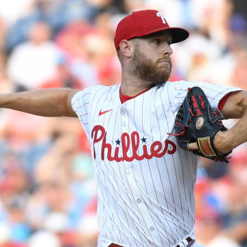 Jul 29, 2024; Philadelphia, Pennsylvania, USA; Philadelphia Phillies pitcher Zack Wheeler (45) throws a pitch against the New York Yankees during the first inning at Citizens Bank Park. 