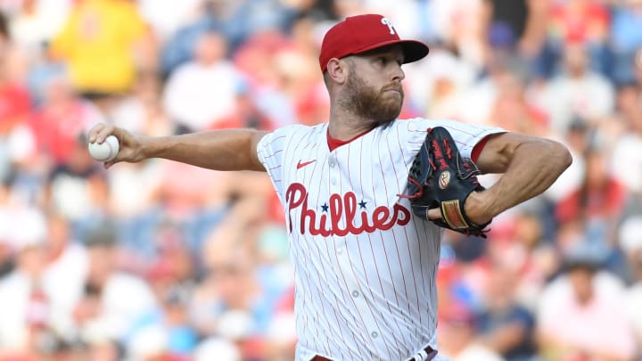 Jul 29, 2024; Philadelphia, Pennsylvania, USA; Philadelphia Phillies pitcher Zack Wheeler (45) throws a pitch against the New York Yankees during the first inning at Citizens Bank Park. 