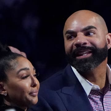 Dec 9, 2023; Las Vegas, Nevada, USA; Former NBA player Carlos Boozer looks on in the first half of the in season tournament championship final between the Los Angeles Lakers and the Indiana Pacers at T-Mobile Arena. Mandatory Credit: Kyle Terada-Imagn Images