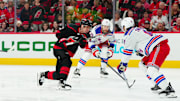 May 11, 2024; Raleigh, North Carolina, USA; Carolina Hurricanes center Evgeny Kuznetsov (92) scores a goal against the New York Rangers during the first period in game four of the second round of the 2024 Stanley Cup Playoffs at PNC Arena. Mandatory Credit: James Guillory-USA TODAY Sports