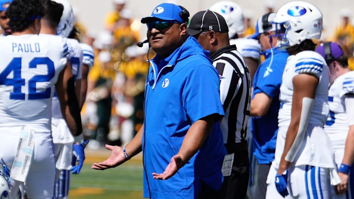 Sep 28, 2024; Waco, Texas, USA;  Brigham Young Cougars head coach Kalani Sitake reacts against the Baylor Bears during the second half at McLane Stadium. Mandatory Credit: Chris Jones-Imagn Images
