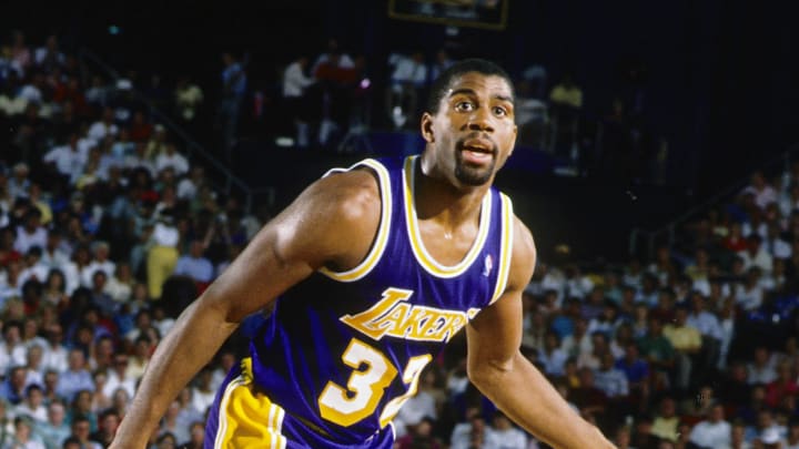 Jun 1988; Detroit, MI, USA; FILE PHOTO; Los Angeles Lakers guard Magic Johnson (32) in action against the Detroit Pistons during the 1988 NBA Finals at the Silverdome. Mandatory Credit: MPS-USA TODAY Sports