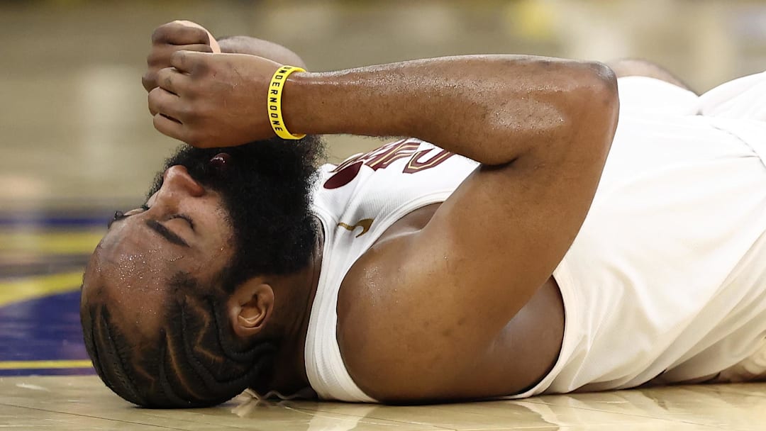 Apr 2, 2026; San Francisco, California, USA; Cleveland Cavaliers guard James Harden (1) on the floor after a play against the Golden State Warriors during the third quarter at Chase Center. Mandatory Credit: Kelley L Cox-Imagn Images