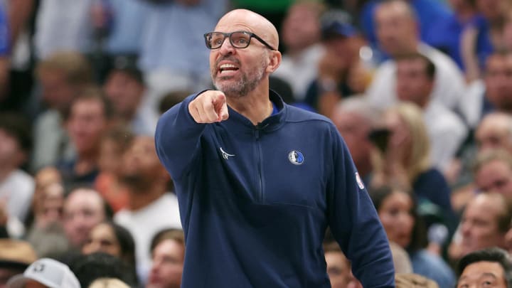 Jun 14, 2024; Dallas, Texas, USA; Dallas Mavericks head coach Jason Kidd gestures against the Boston Celtics during the first quarter during game four of the 2024 NBA Finals at American Airlines Center. Mandatory Credit: Peter Casey-USA TODAY Sports