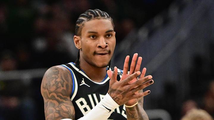 Milwaukee Bucks guard Kevin Porter (3) reacts in the fourth quarter against the New Orleans Pelicans at Fiserv Forum on April 10, 2025.