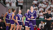 TCU women's basketball walks on the floor against Baylor on Sunday, March 2, 2025 in Foster Pavilion.